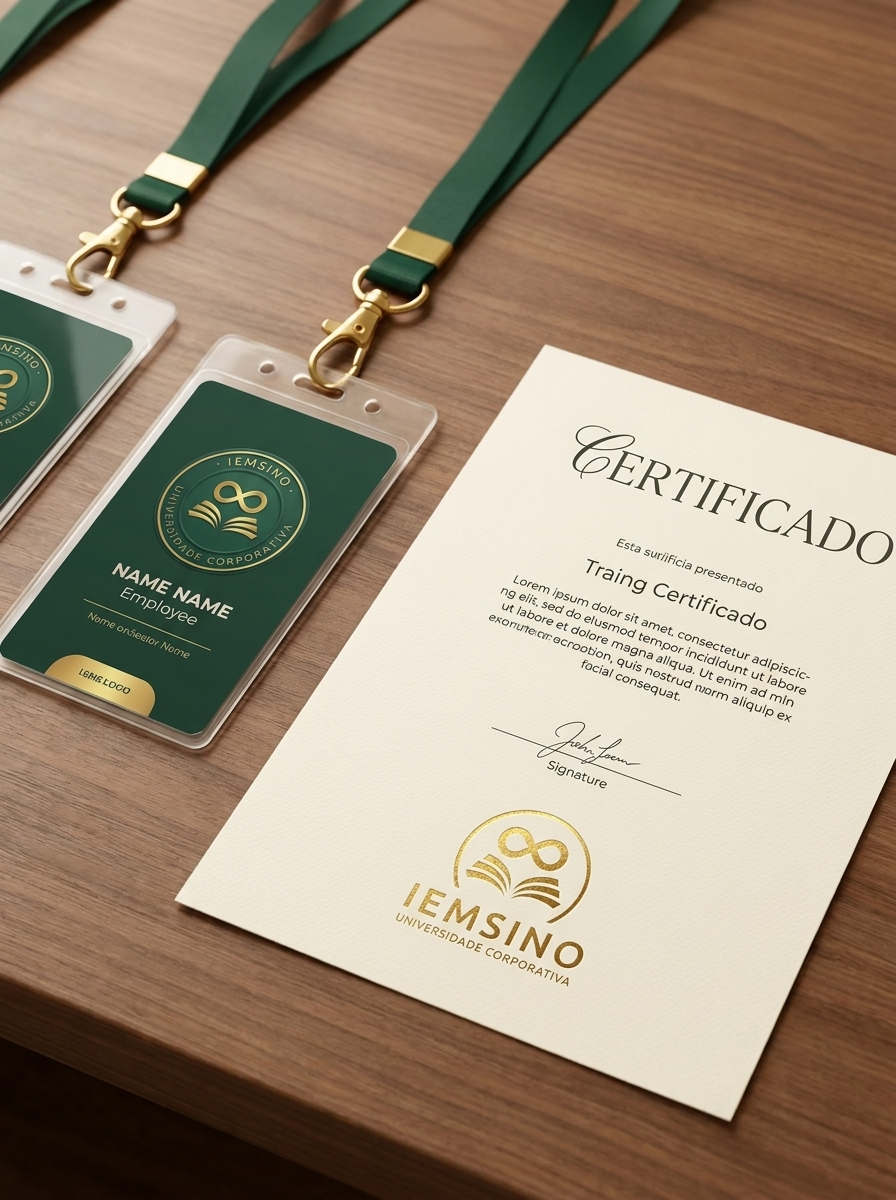Crachás e certificado interno com o brasão IEMSINO