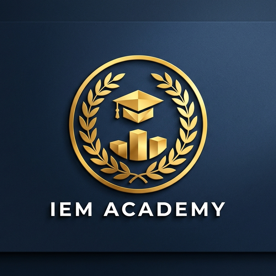 Aplicação principal do emblema IEM Academy sobre navy profundo