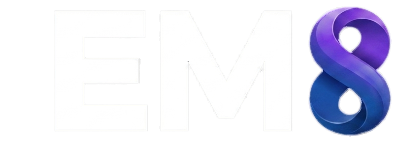 IEM8 — logotipo oficial: wordmark IEM com o 8 em fita infinita 3D violeta